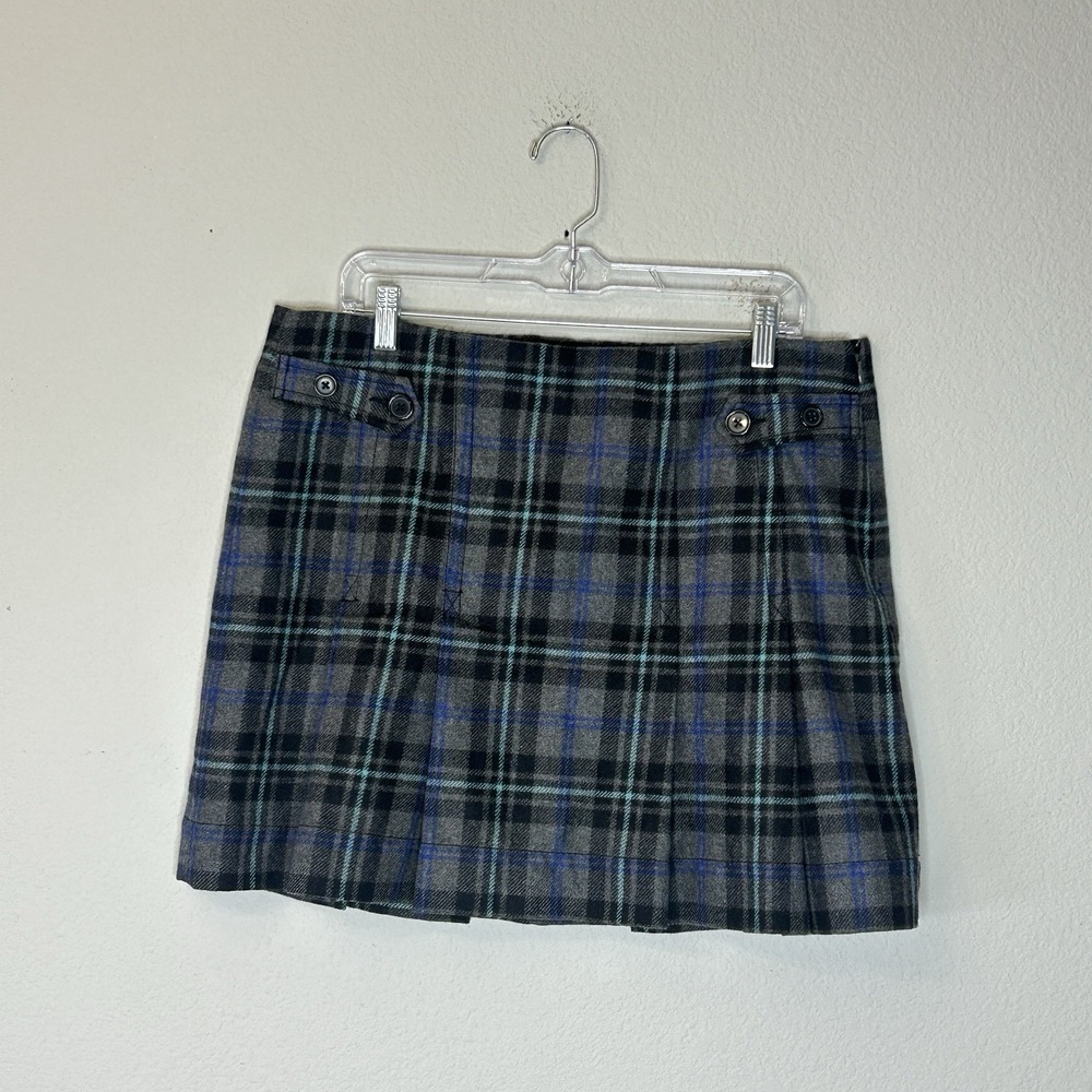 Vintage Y2K Gap Pleated Plaid Mini Skirt Women's Size 14 Blue Black Wool-Blend